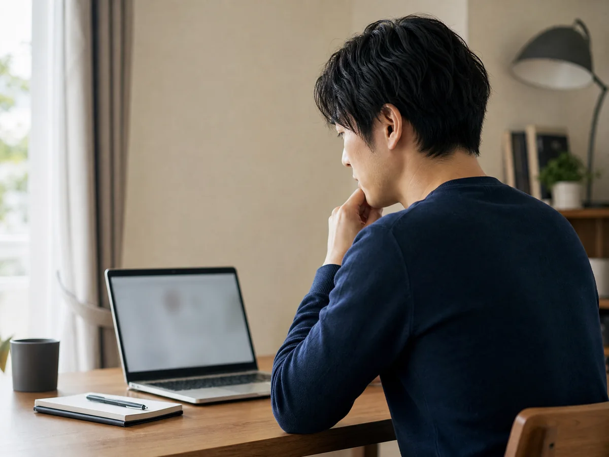パソコンの前でオンライン相談を受ける男性